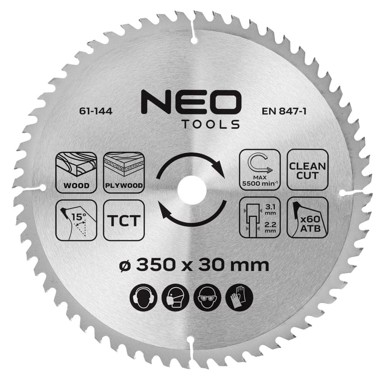 NEO TOOLS list kružne pile od tvrdog metala 350 x 30 mm, 60 zuba