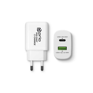 PRIO Zidni punjač, Fast Charge, 25W, PD PPS (USB C) + QC3.0 (USB A), bijeli