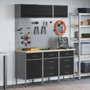 Set radnih ormarića s ladicama i pohranom (set 8 kom), 150 x 55 x 200 cm, crna