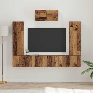 Zidni set TV komoda, konstruirano drvo, staro drvo, 7 kom