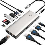 MINTHOUZ Priključna stanica, 12 u 1, USB-C, za 3 monitora, 8K, 100 W PD, 2.5G LAN, dvostruki DP+HDMI, B0DQ13S7DC
