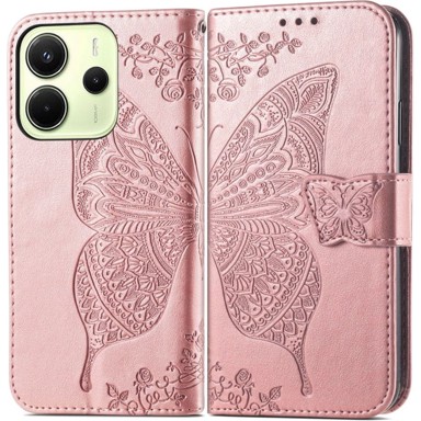 Preklopna futrola za Xiaomi Redmi Note 14 4G, leptir, ružičasto-zlatna