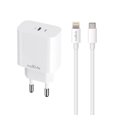 MAXLIFE Mrežni punjač MXT-06-20C, USB-C PD/QC, 20 W, USB-C na Lightning kabel, bijeli