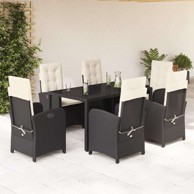 7-dijelni vrtni set s jastucima od poli-ratana, stol 150 cm sa naslonom, crno-krem