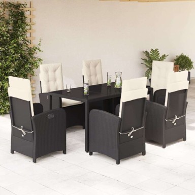 7-dijelni vrtni set s jastucima od poli-ratana, stol 150 cm sa naslonom, crno-krem