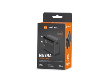 NATEC Punjač Ribera, USB-C, 20W PD, crni