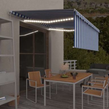 Tenda na ručno uvlačenje s roletom i LED svjetlima, 4,5 x 3 m, plava i bijela