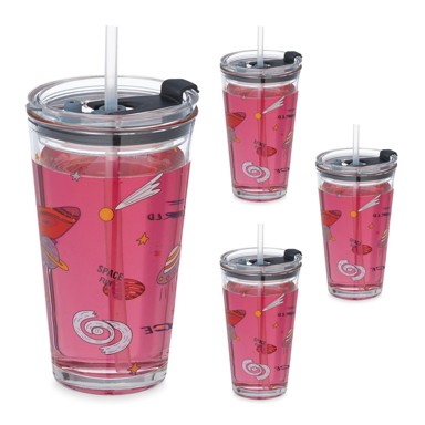NORTHIX Dječja staklena čaša, poklopac, slamka, 250 ml, 4 kom