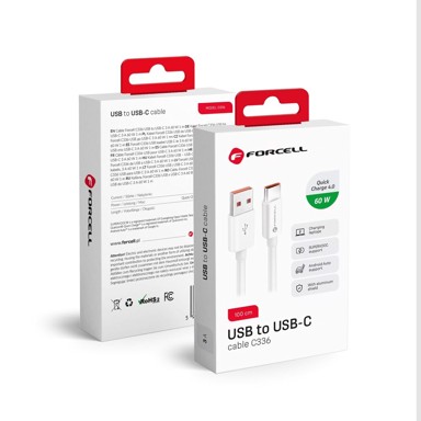 FORCELL USB kabel A na tip C, 3 A, 20 V, 60 W, 1 m, bijeli