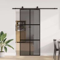 Klizna vrata s priborom crna 90 x 205 cm kaljeno staklo crna i tamno prozirna mreža 4