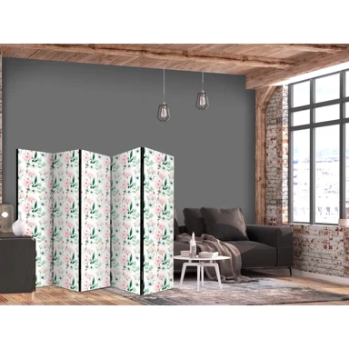 Paravan Božuri, Ružičasti i bijeli cvjetovi te zeleno lišće na bijeloj pozadini, 225 x 172 cm