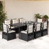 9 dijelni vrtni blagovaonski set s jastucima crni od poliratana, 200 x 100 x 74 cm