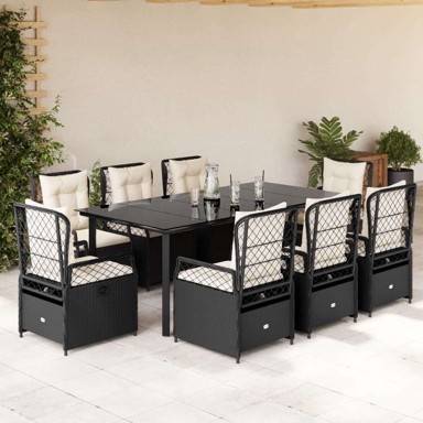 9 dijelni vrtni blagovaonski set s jastucima crni od poliratana, 200 x 100 x 74 cm