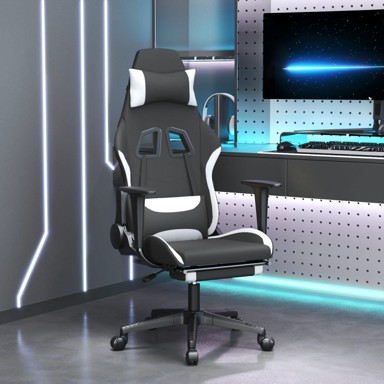 Masažna gaming stolica od tkanine s osloncem crno-bijela