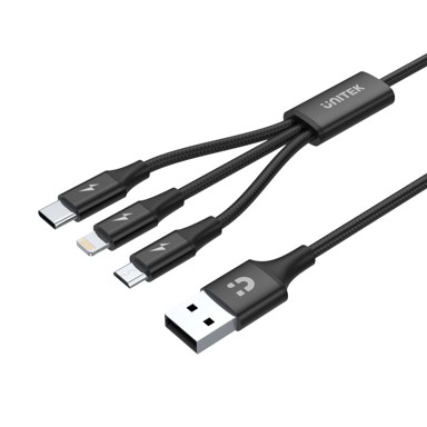 UNITEK Kabel C14049BK, USB 2.0, USB-C na Micro-USB B/Lightning, 1,2 m, crni