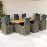 Vrtni bistro set, 9 dijelova, poliratan, s jastucima, drvo, siva, 9 kom