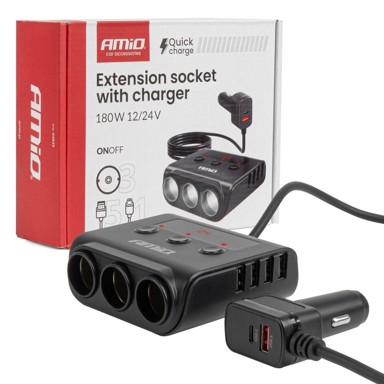 AMIO Razdjelnik upaljača s punjačem 4 x USB-A QC3.0 PD3.0 180W