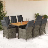 Vrtna garnitura, 9-dijelni vrtni blagovaonski set, siva od poliratana, 190 x 90 x 75 cm, sa naslonom za noge