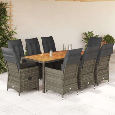 Vrtna garnitura, 9-dijelni vrtni blagovaonski set, siva od poliratana, 190 x 90 x 75 cm, sa naslonom za noge