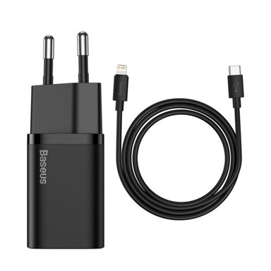 BASEUS Super Si punjač USB Type C 20W PD + USB Type C - Lightning kabel 1m, crni, model TZCCSUP-B01