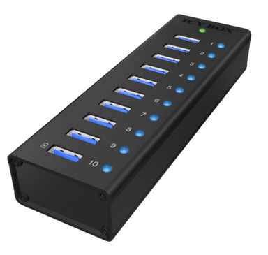 ICY BOX USB hub IB-AC6110, USB-B, 10x USB-A, crni