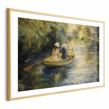 Plakat Prelazak čamcem, slika dviju žena u čamcu na rijeci, 90x60 cm, zlatni okvir s margom