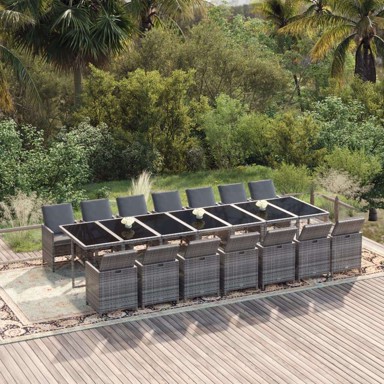 15-dijelni vrtni blagovaonski set s jastucima, poli-ratan, bez naslona za noge, siva i crna