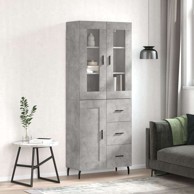 Visoka komoda siva betona 69 5x34x180 cm od konstruiranog drva, 1 drvena vrata 3 ladice