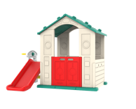 Dječja kućica za igru s toboganom i košem za košarku, zeleni krov