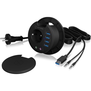ICY BOX USB hub IB-HUB1430, USB-A, 4x USB-A 3.0, audio, strujna utičnica, ugradbeni, crni
