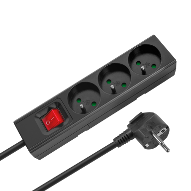 REBEL Produžni kabel, 3 utičnice, prekidač, 5 m, crni