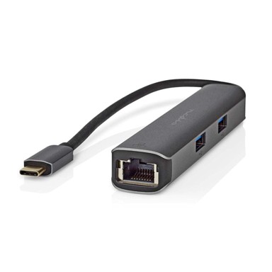 NEDIS USB višeportni adapter USB 3 2 gen 1 USB C muški HDMI ženski RJ45 ženski 3x USB A ženski 5 Gbps 0 20 m okrugli pozlaćeni PVC antracit kutija