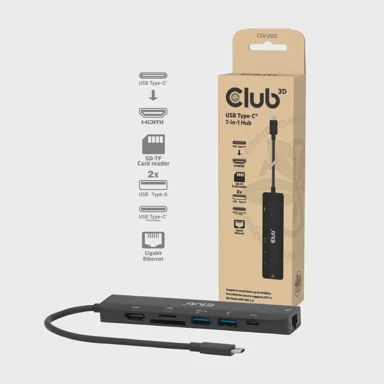 CLUB 3D USB-C hub CSV-2553, 7-u-1, HDMI 4K, 100 W, crni