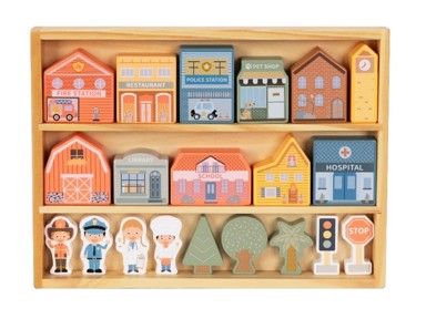 Drveni gradski blokovi, kuće, figure i ostali pribor