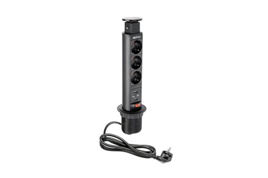 Utičnica ugradbena 3x šuko + 2x USB s kabelom, crna