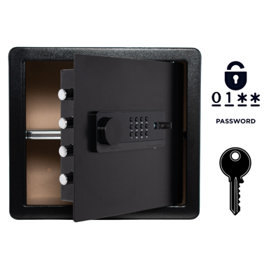 NIKCORP Oklopni kućni sef, elektronička brava i ključ, alarmni sustav, montaža na zid, dimenzije 36 × 40 × 30 cm, čelik, crna