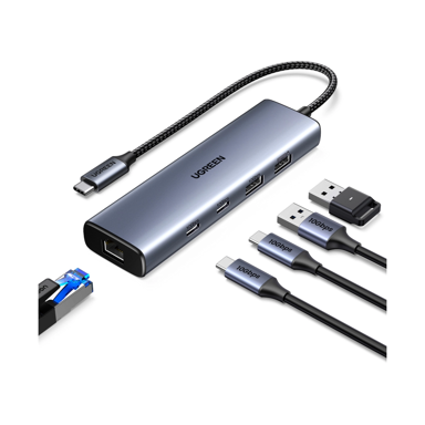 UGREEN 6-portni USB-C HUB (1× USB-A 3.2, 2× USB-C 3.2, 1× USB-A 2.0, 1× USB-C za napajanje, 1× RJ45), sivi