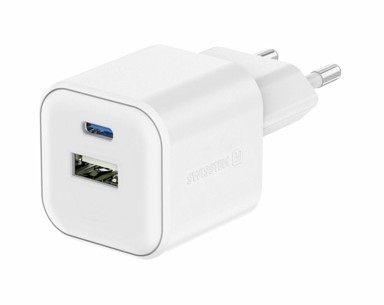SWISSTEN Kućni punjač GaN, USB-C + USB-A, bijeli