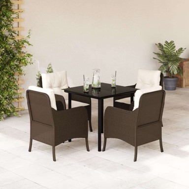 5-dijelni vrtni blagovaonski set s jastucima, poli-ratan, dužina stola 80 cm, okrugla noga, smeđi