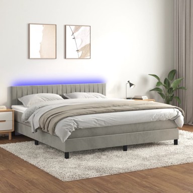 Krevet box spring s madracem LED svjetlosivi 180x200 cm baršun