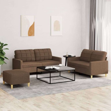 3-dijelni set sofa s jastucima i tabureom tkanine, smeđa
