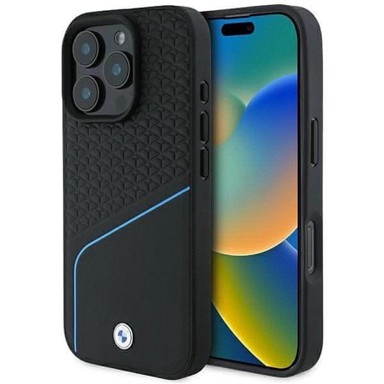 BMW Signature Leather Textured & Line MagSafe maskica za iPhone 16 Pro, crna