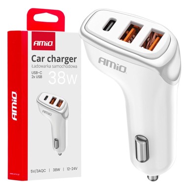AMIO Auto punjač 2 x USB-A i USB-C 38 W, bijeli