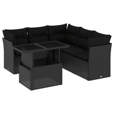 Set vrtnih sofa, 6 kom, poliratan, s jastucima, crni
