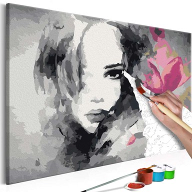 Slika za samostalno slikanje Black &amp White Portrait With A Pink Flower 60x40
