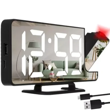 IZOXIS LED budilnik s projektorom i ogledalom, 4 u 1, digitalni sat, USB-C, crna