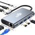 SLOMART USB-C hub adapter 8u1 (HDMIx2, USB, VGA, RJ45, PD), siva