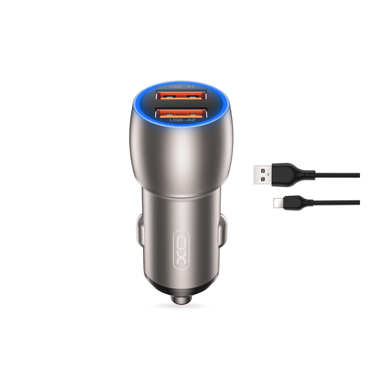 XO Auto punjač CC52, 2x USB, 36 W + Lightning kabel, crna