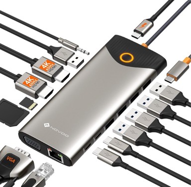 NOVOO Priključna stanica, 15 u 1, USB-C, trostruki zaslon, 2 x 4K HDMI, VGA, gigabitni Ethernet, USB-A/C, 100 W PD, SD/TF, audio