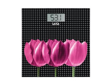 LAICA Osobna vaga PS1075 L, digitalna, 180 kg, staklo, crna s ružičastim tulipanima